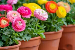 AI generated Bouquet of beautiful ranunculus flowers. Spring floral background. Generative AI photo