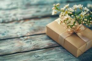 AI generated Gift box tied with ribbon and a bouquet of flowers on wooden background. Generative AI photo