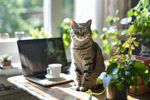 ai generado linda gato en escritorio con computadora portátil, café taza y planta en elegante habitación. Lanza libre concepto. generativo ai foto