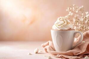 AI generated Mockup of white ceramic mug with hot chocolate and whipped cream. Generative AI photo
