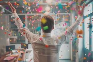 AI generated Rear view of happy businessman celebrates success with confetti in office. Generative AI photo