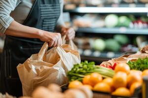 AI generated Grocery store cashier packing food into a reusable bag. Generative AI photo