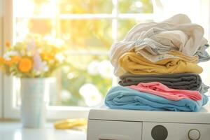 AI generated Dirty laundry piled up next to a washing machine. Spring cleaning concept. Generative AI photo