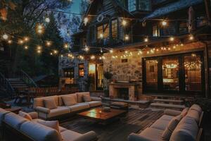 AI generated Cozy terrace with outdoor string light. Generative AI photo