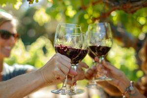 ai generado amigos tostado con lentes de rojo vino durante al aire libre fiesta en verano. generativo ai foto