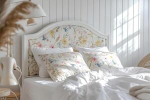 ai generado acogedor elegante dormitorio con cama, bonito ropa de cama, primavera decoración y suave Encendiendo. generativo ai foto