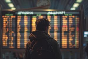 AI generated Rear view of a man looking at arrival departure board. Generative AI photo