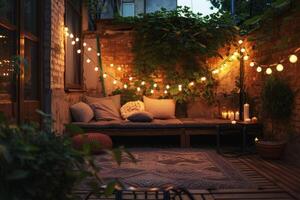 AI generated Cozy terrace with outdoor string light. Generative AI photo