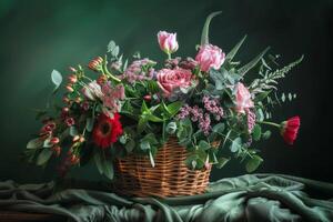 AI generated Luxury colorful bouquet of flowers in a basket. Generative AI photo