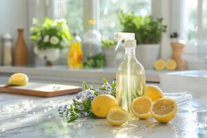 ai generado botella de hecho en casa limón limpiador en el mesa en cocina. generativo ai foto