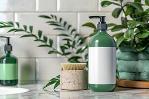 AI generated Shampoo green bottle mockup with blank label in bathroom. Minimalist style. Generative AI photo