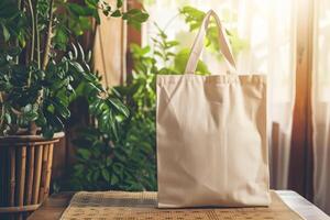 AI generated Blank canvas tote mockup on a table with a decorative plant. Generative AI photo