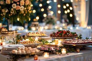 AI generated Catering buffet table with a delicious food on wedding. Generative AI photo