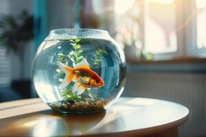 AI generated Aquarium with goldfish on the table in the sunny room. Generative AI photo