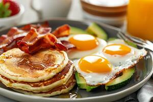 AI generated Breakfast set. Fried eggs, bacon, pancakes, avocado and orange juice. Generative AI photo