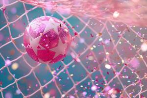 AI generated Pink soccer ball kicked into the goal net with sparkling confetti and glitter. Generative AI photo