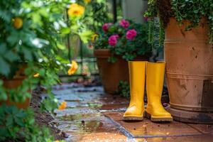 AI generated Gardening background with flower pots and yellow boots in sunny spring garden. Generative AI photo