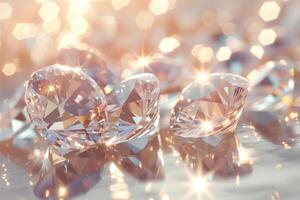 ai generado pulido espumoso diamantes dispersado en un reflexivo superficie. precioso diamantes piedras generativo ai foto
