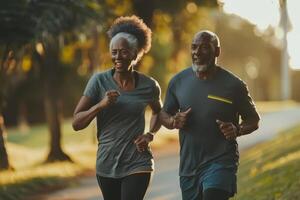 ai generado mayor Pareja trotar en el parque. corriendo en parque en el Mañana. generativo ai foto