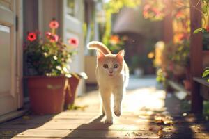 ai generado gato corriendo en un soleado frente porche. generativo ai foto