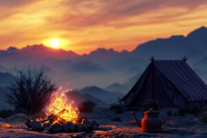 AI generated Camp fire and tea pot with tent and mountains in the background. Generative AI photo