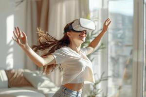 AI generated Joyful woman in virtual reality glasses dancing when playing video game at home. Generative AI photo