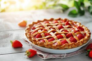 AI generated Classic baked strawberry pie with a lattice crust. Generative AI photo