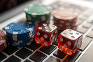 AI generated Stack of casino chips and dice lie on a laptop keyboard. Generative AI photo