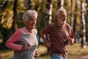 ai generado mayor Pareja trotar en el parque. corriendo en parque en el Mañana. generativo ai foto