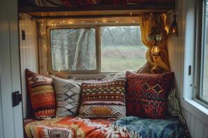 ai generado dentro el camper camioneta. almohadas y boho estilo decoración de el casa en ruedas generativo ai foto