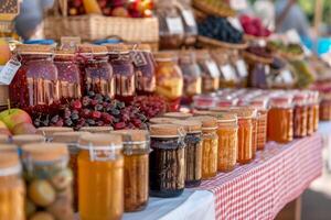 ai generado frascos de hecho en casa Enjambres y salsas a un local agricultores mercado. generativo ai foto