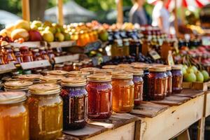 ai generado frascos de hecho en casa Enjambres y salsas a un local agricultores mercado. generativo ai foto