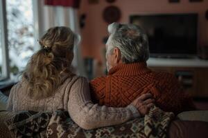 AI generated Back view of adult couple watching TV at home while sitting on sofa. Generative AI photo