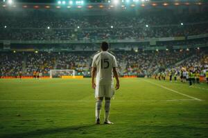 ai generado espalda ver de profesional fútbol americano jugador en campo de estadio. generativo ai foto