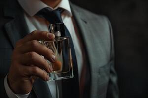 ai generado hombre en un formal traje sostiene un botella de perfume. generativo ai foto