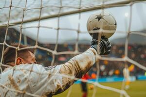 ai generado portero capturas el pelota. fútbol americano jugador pateando un pelota dentro el red a un fútbol americano fósforo. generativo ai foto