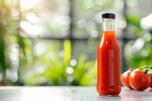 AI generated Bottle of tomato juice stand on a table with fresh tomatoes in the background. Generative AI photo