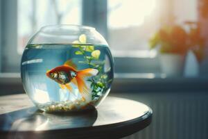 AI generated Aquarium with goldfish on the table in the sunny room. Generative AI photo