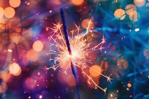 AI generated Sparkler burning and emitting bright sparks on blurred light background. Generative AI photo