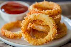 AI generated Fried crispy onion rings with dipping sauce. Generative AI photo