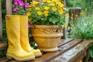 AI generated Gardening background with flower pots and yellow boots in sunny spring garden. Generative AI photo