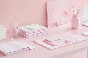 AI generated Pastel colored workspace with a minimalistic desk and soft pink stationery. Generative AI photo