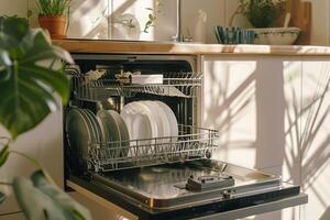 AI generated Bright modern kitchen with open dishwasher full of plates. Generative AI photo