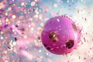 AI generated Pink soccer ball with sparkling confetti and glitter. Generative AI photo