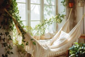 AI generated Cozy home interior with hammock and plants. Generative AI photo