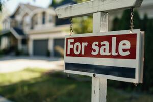 AI generated For sale sign in focus with a blurred house in the background. Generative AI photo