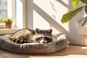 AI generated Raccoon rests in a pet bed. Generative AI photo