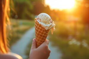 AI generated Woman holds ice cream in her hand in a waffle cone on blurred background. Generative AI photo