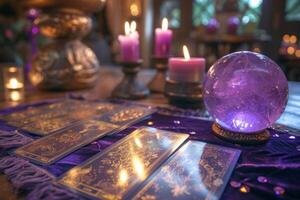 AI generated Mystic crystal ball, tarot cards and burning candles on purple background. Magic ritual or spell with esoteric symbols. Generative AI photo