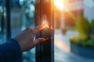 AI generated Finger entering password code on the touch screen keypad entry door lock in front of the room. Generative AI photo